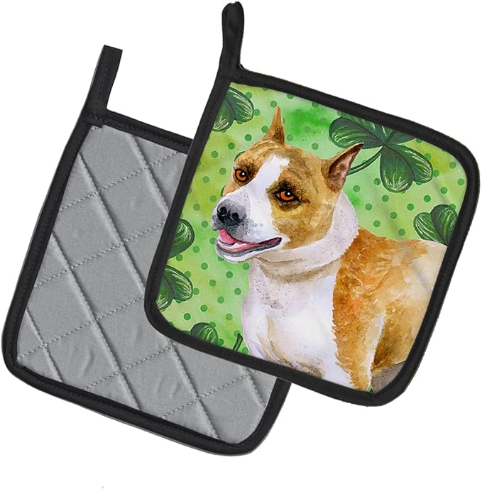Caroline's Treasures BB9818PTHD American Staffordshire St Patrick's Pair of Pot Holders, Green Kitchen Heat Resistant Pot Holders Sets Oven Hot Pads for Cooking Baking BBQ, 7 1/2 x 7 1/2