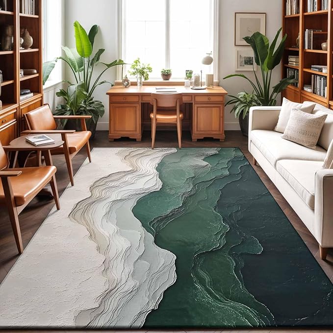 Area Rug 3x5ft, Rustic Green Gray White Mountain Range Washable Rugs for Living Room Bedroom, Abstract Art Soft Non-Slip Area Rugs Rectangle Floor Carpet for Dining Room