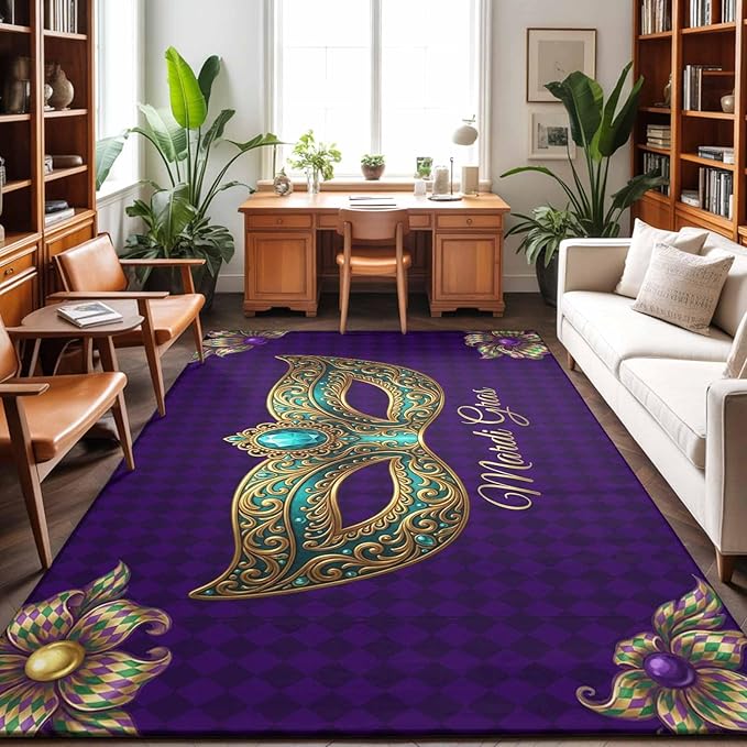 Area Rug 9x12ft, Mardi Gras Mask Purple Plaid Washable Rugs for Living Room Bedroom Rectangle Floor Carpet, Abstract Blossom Floral Soft Non-Slip Area Rugs for Dining Room