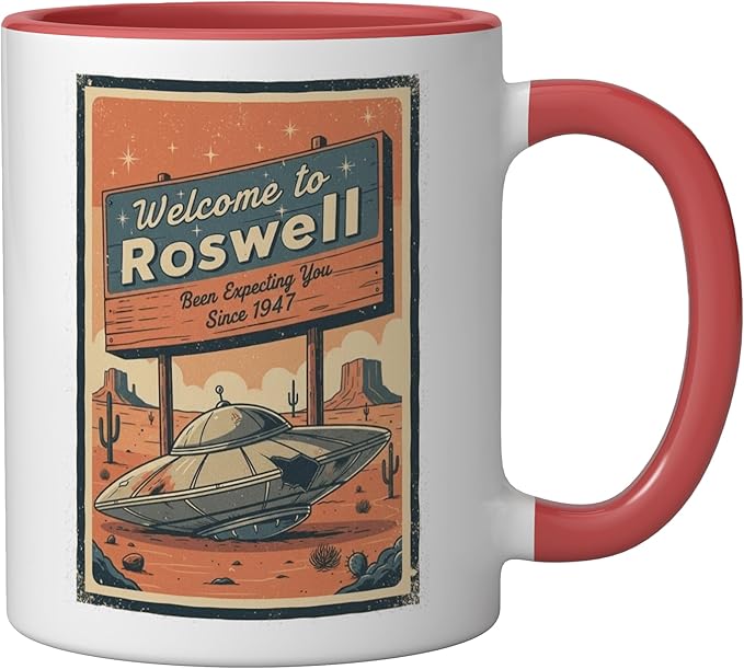 Roswell UFO Retro Tourism Souvenir Flying Saucer Crash Alien Ceramic Mug, Red/White