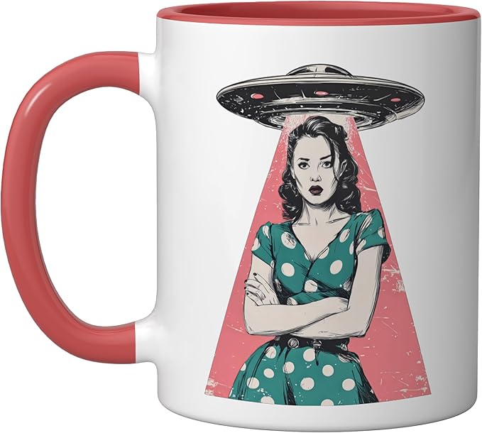 Retro 1950s UFO Abduction Woman Sci Fi Alien Ceramic Mug, Red/White