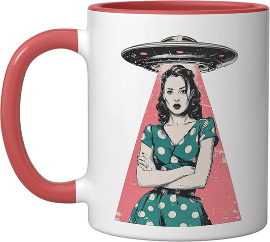 Retro 1950s UFO Abduction Woman Sci Fi Alien Ceramic Mug, Red/White