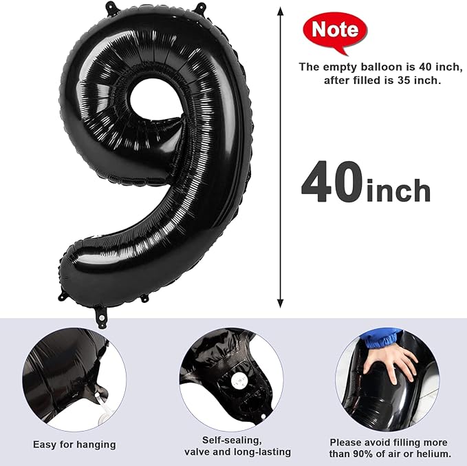 40 Inch Black Numbers 9 Balloon, Balloons Decorations for 9 19 90 Birthday Party, Engagement, Wedding, Graduations, Photo Shoot Supplies