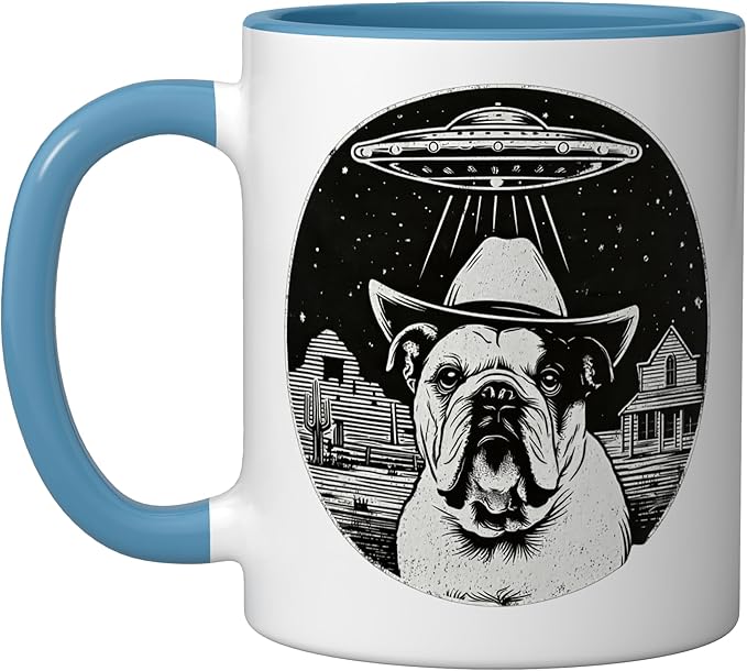 Retro UFO Cowboy Bulldog Western Sci Fi Alien Ceramic Mug, Blue/White