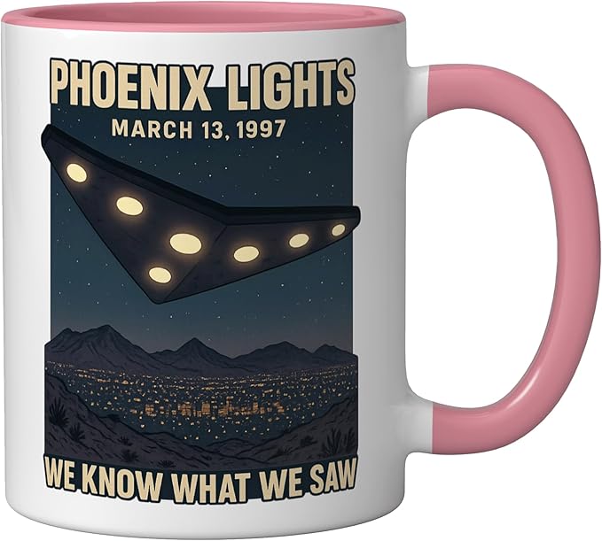 Phoenix Lights UFO V Shaped Flying Saucer Alien Ceramic Mug, Pink/White