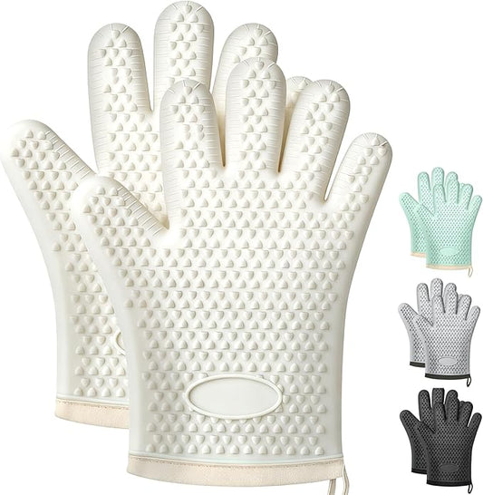 2Pack Heat Resistant Oven Mitts for Grilling and Baking, Non-Slip Silicone Gloves, Waterproof Kitchen Mitts with Flexible Fit & Easy to Clean Design, White