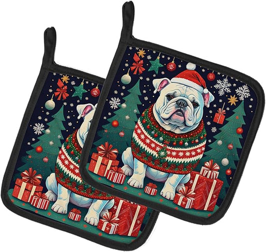 Caroline's Treasures White English Bulldog Christmas Pair of Pot Holders Kitchen Heat Resistant Pot Holders Sets Oven Hot Pads for Cooking Baking BBQ, 7 1/2 x 7 1/2