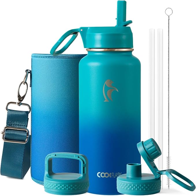 Coolflask Water Bottle 32 oz Insulated with Straw, Stainless Steel Metal 3 Lids Water Flask Wide Mouth for Sports or Office, Non-BPA Keep Cold Up to 48 Hrs or Hot Up to 24 Hrs, Indigo Blue