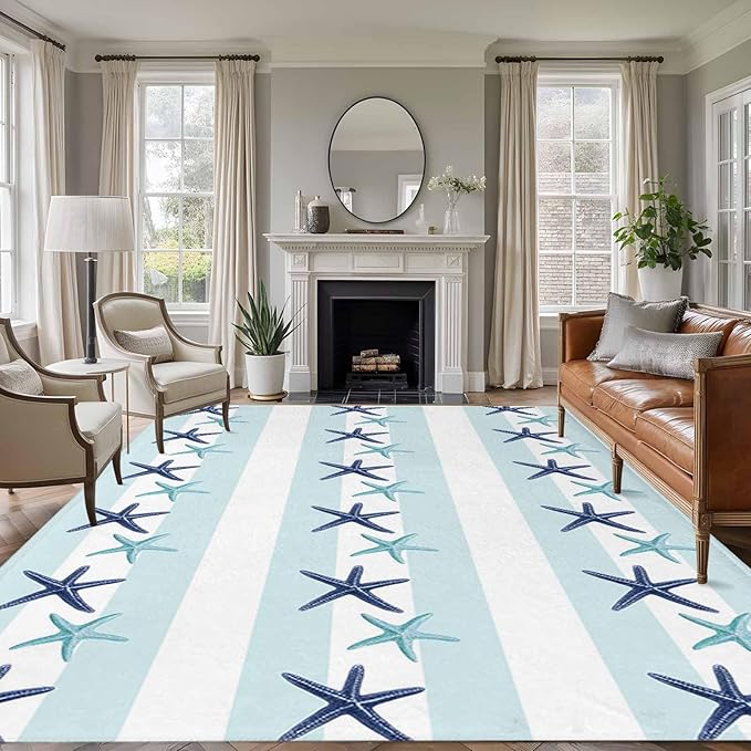 Area Rug 8x10ft, Summer Coastal Starfish Blue Teal Washable Rugs for Living Room Bedroom, Watercolor Ocean Theme Stripe Soft Non-Slip Area Rugs Rectangle Floor Carpet for Dining Room
