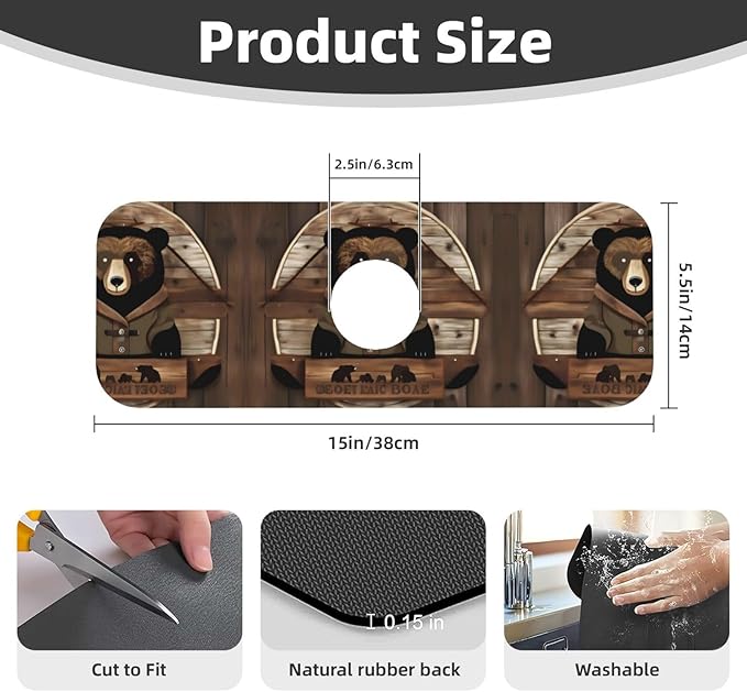 Rustic Lodge Bear Printed Faucet Absorbent mat, Suitable for bathrooms, Kitchens, and Other Sink Areas.