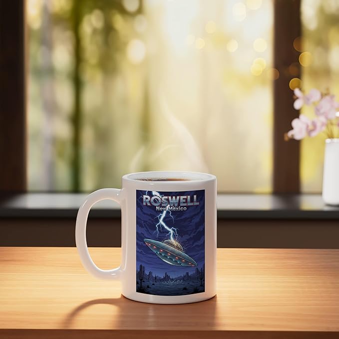 Roswell UFO Flying Saucer New Mexico Souvenir Lightning Ceramic Mug, White