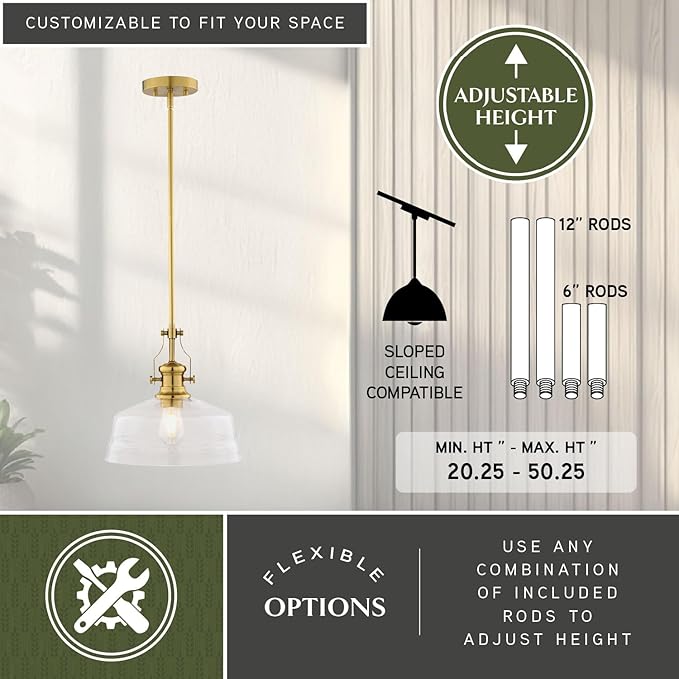 VAXCEL Beloit 1-Light Brushed Gold Farmhouse Pendant Light, Clear Seeded Glass Shade, Adjustable Height, Kitchen Islands, Dining Rooms, or Living Spaces, LED Compatible, Dimmable, Sloped Ceiling