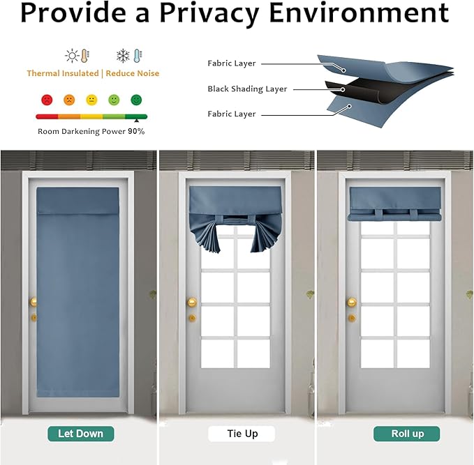 WdFour French Door Curtain - Blackout Thermal Insulated Door & Window Cover for Front/Side Doors - Noise Reducing & Energy Saving - Stone Blue, 34x70 Inches, 1 Panel