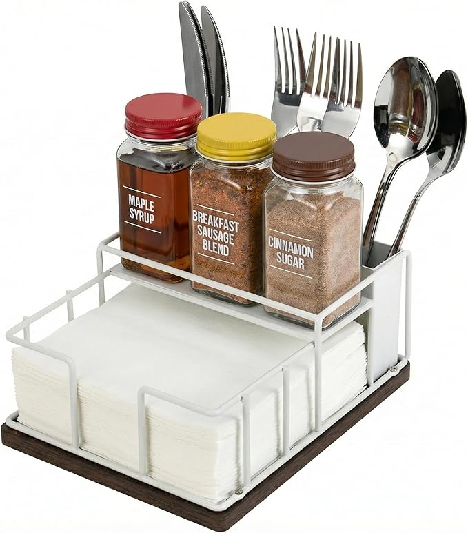 Napkin Holder for Table, 3-in-1 Wood & Metal Utensil Caddy, Cutlery Organizer & Spice Rack for Kitchen Counter, Dining, Outdoor Patio (White)