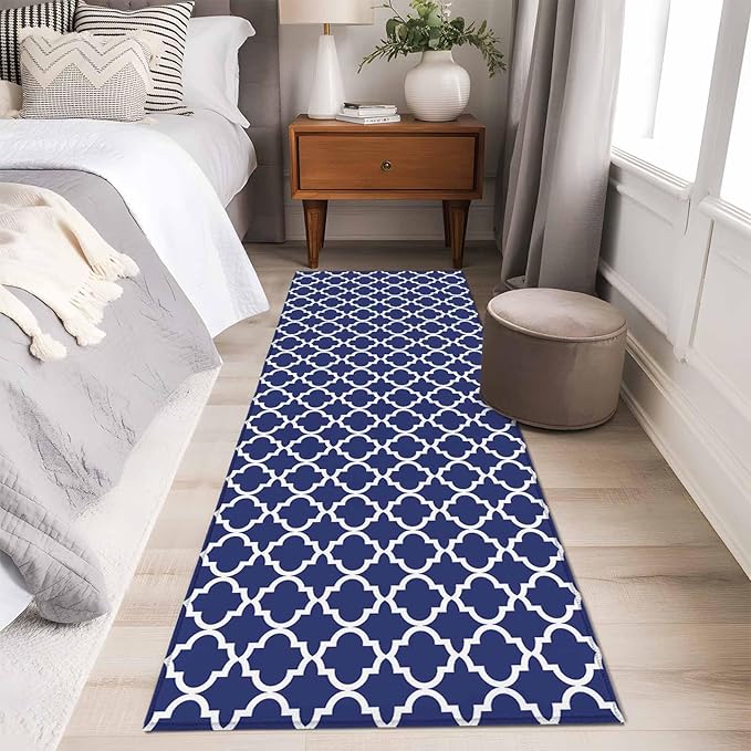 Runner Rug for Bedroom Hallway, Navy Blue Moroccan Plaid Kitchen Runner Rugs Area Rug 2x6ft, White Line Buffalo Lattice Washable Soft Floor Carpet for Entryway Stair