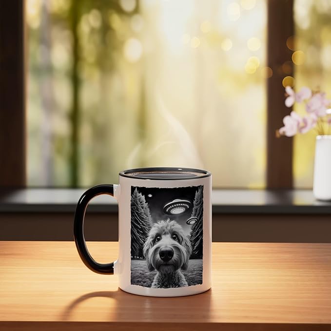 Funny Golden Doodle Selfie UFO Encounters for Dog Lovers Ceramic Mug, Black/White