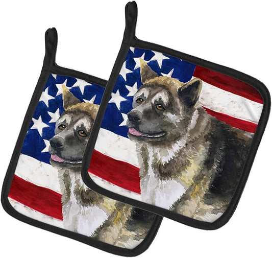 Caroline's Treasures BB9669PTHD American Akita Patriotic Pair of Pot Holders Kitchen Heat Resistant Pot Holders Sets Oven Hot Pads for Cooking Baking BBQ, 7 1/2 x 7 1/2