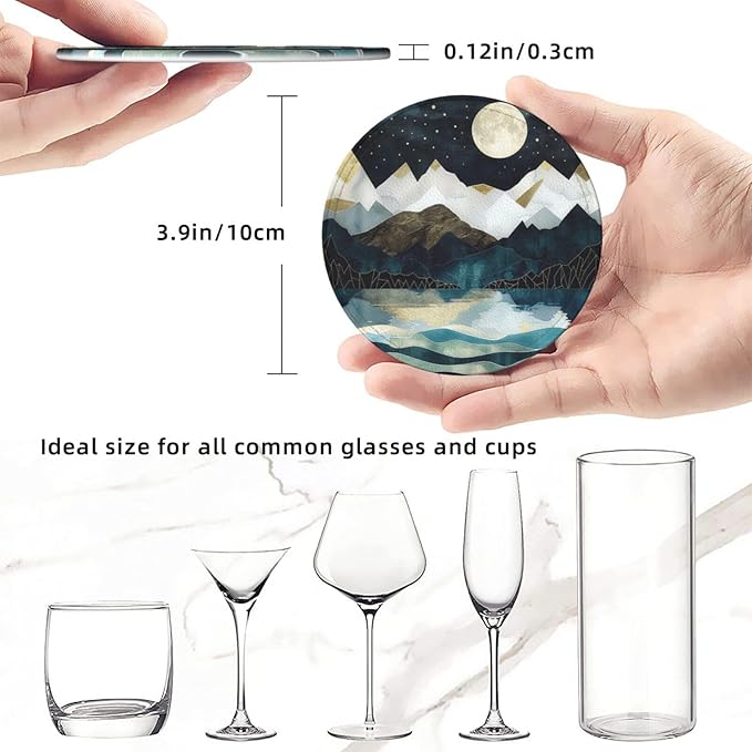Mountain Sunset Leather Drinks Coasters with Holder Set of 6, Suitable for Kinds of Cups