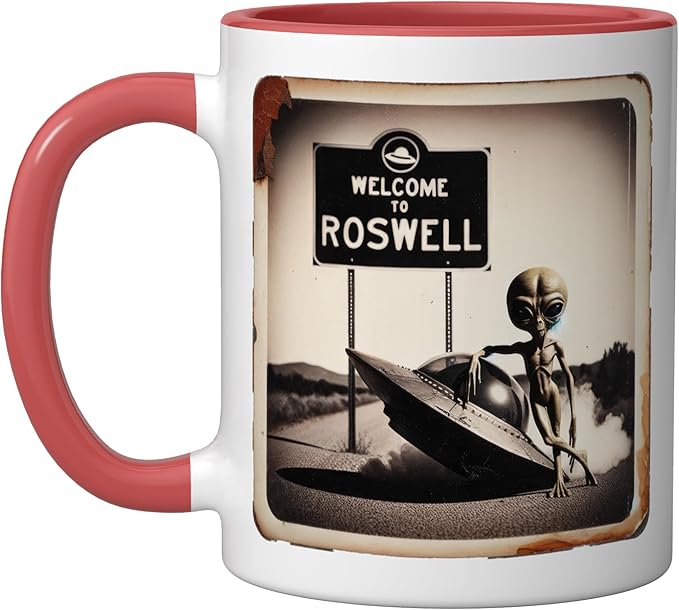 Vintage Alien UFO Crash At Roswell 1947 Photo Ceramic Mug, Red/White