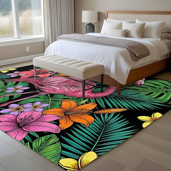 Area Rug 8x10ft, Pink Flamingos Tropical Leaf Washable Rugs for Living Room Bedroom, Colorful Lily Blossom Floral Soft Non-Slip Area Rugs Rectangle Floor Carpet for Dining Room