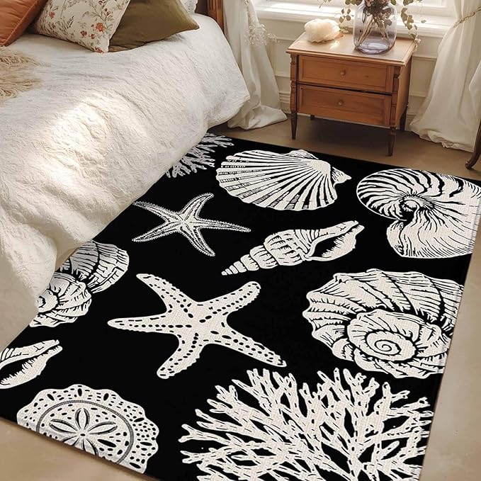 Area Rug 3x5ft, Marine Starfish Shell Conch Washable Rugs for Living Room Bedroom, Ocean Life on Black Soft Non-Slip Area Rugs Rectangle Floor Carpet for Dining Room