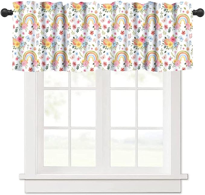 Rainbow Floral Valance, Watercolor Boho Rainbow Flowers Butterfly Print Short Window Treatment for Kitchen Dining Room Bedroom Nursery, 54x18Inch