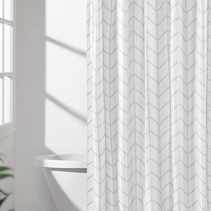Amazon Basics Bathroom Shower Curtain, Water Resistant Fabric with Weighted Hem, Rust Resistant Grommets & Hooks, Machine Washable, 72"x72", Natural Herringbone