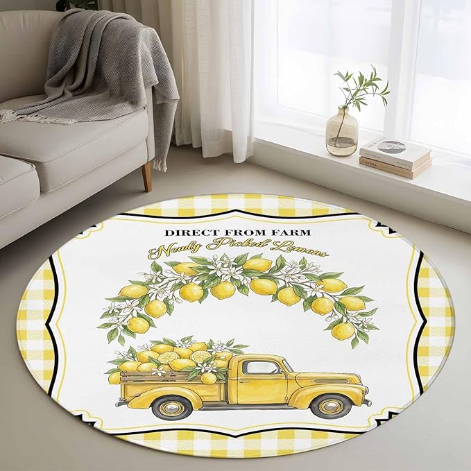 Washable Round Area Rug Farm Yellow Truck Lemon Fruit Circle Rugs Floor Carpet for Living Room Bedroom, Flower Leaves Buffalo Plaid Soft Non Slip Round Rug 3ft