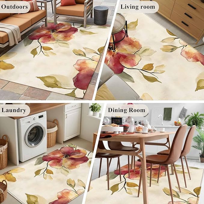 Area Rug 4x6ft, Oil Painting Style Flowers Washable Rugs for Living Room Bedroom, Vintage Country Floral Soft Non-Slip Area Rugs Rectangle Floor Carpet for Dining Room