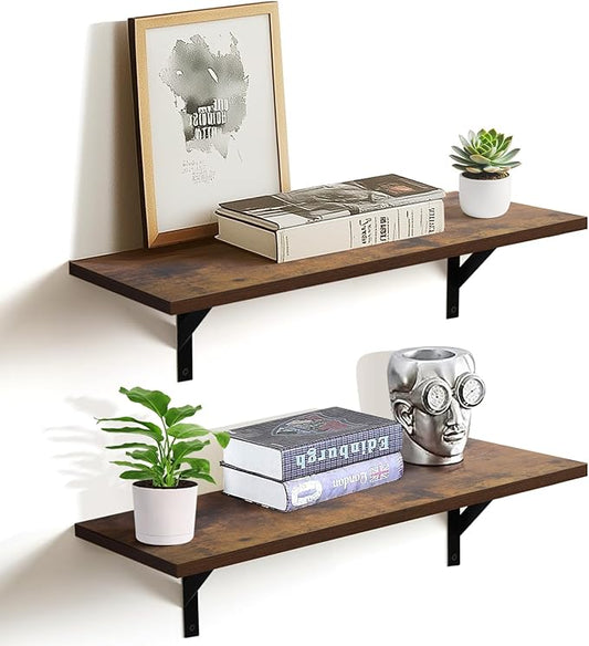 Heavy Duty Long Wall Shelves Set of 2, Floating Shelves Wall Mounted with Industrial Brackets, 40lbs Capacity Shelves for Laundry Room, Kitchen, Bathroom, Living Room (24"*8",Rustic Brown)