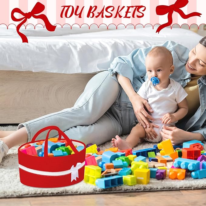 Yinkin 1 Pcs Extra Large Cotton Rope Storage Basket with Handles and Removable Divider Woven Gift Baskets with Bow for Closet Bedroom Nursery Toys Organizing, 14.17 x 8.66 x 7.09 Inch(Red and White)