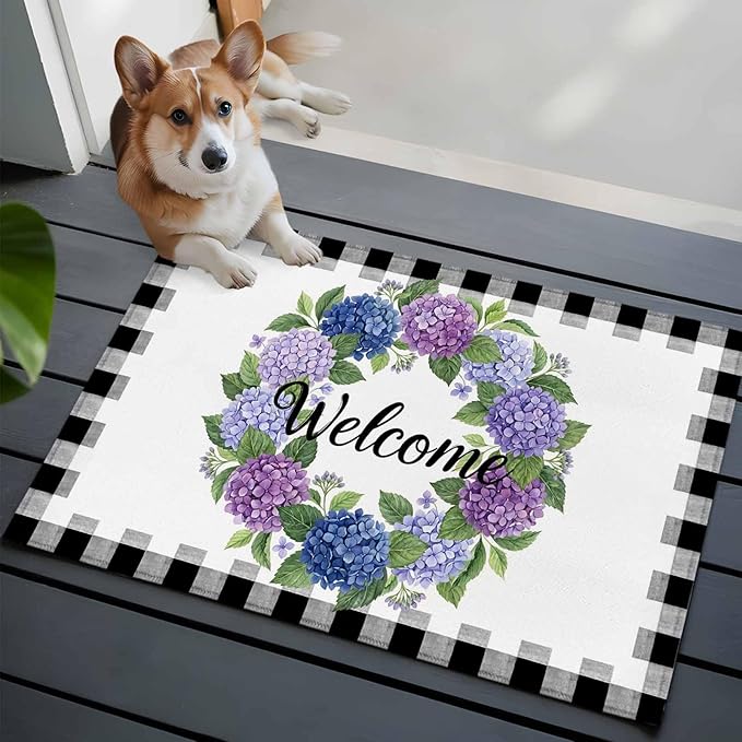 Area Rug 2x3ft, Summer Hydrangea Leaf Washable Rugs for Living Room Bedroom, Purple Blue Flower Buffalo Check Soft Non-Slip Area Rugs Rectangle Floor Carpet for Dining Room