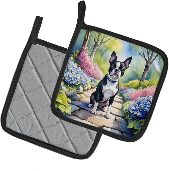 Caroline's Treasures Boston Terrier Spring Path Pair of Pot Holders Kitchen Heat Resistant Pot Holders Sets Oven Hot Pads for Cooking Baking BBQ, 7 1/2 x 7 1/2