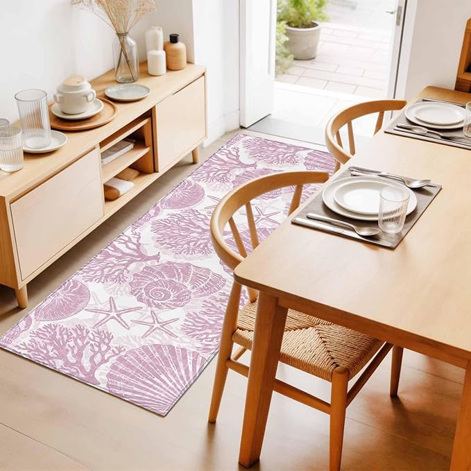 Runner Rug for Bedroom Hallway, Watercolor Summer Marine Creature Kitchen Runner Rugs Area Rug 2x6ft, Pink Starfish Shell Conch Washable Soft Floor Carpet for Entryway Stair
