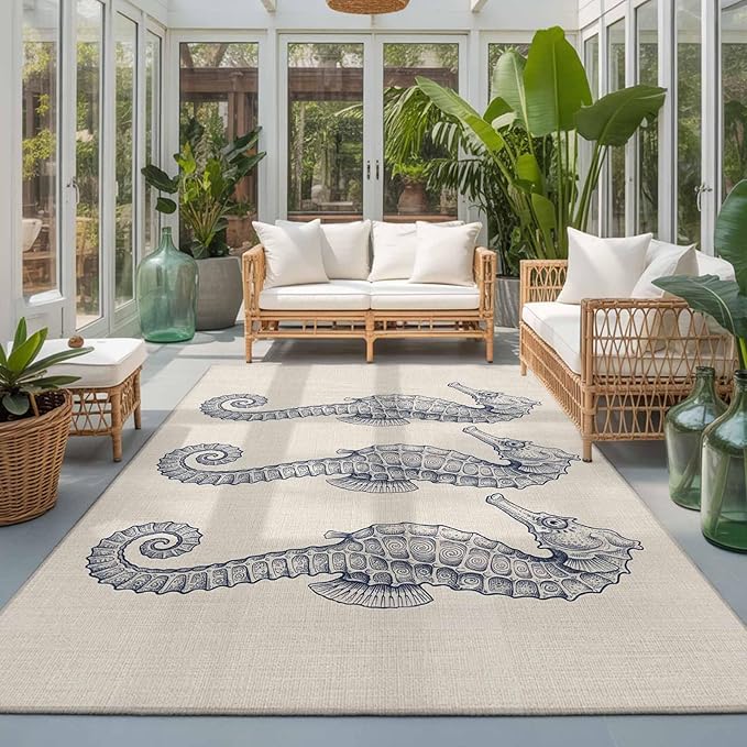 Area Rug 3x5ft, Marine Life Seahorse on Burlap Washable Rugs for Living Room Bedroom, Farmhouse Ocean Theme Soft Non-Slip Area Rugs Rectangle Floor Carpet for Dining Room