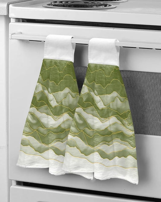 Alandar Home Kitchen Tie Towel Set of 2, Sage Green Waves Watercolor Gradients Absorbent Soft Hand Towels for Bathroom Hanging Towels, Abstract Geometric Fast Drying Cleaning Cloth with Loop