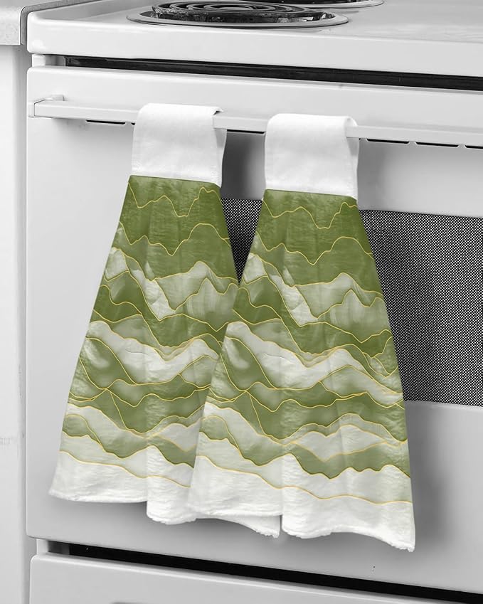 Alandar Home Kitchen Tie Towel Set of 1, Sage Green Waves Watercolor Gradients Absorbent Soft Hand Towels for Bathroom Hanging Towels, Abstract Geometric Fast Drying Cleaning Cloth with Loop