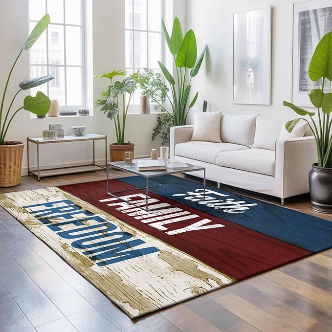 Area Rug 4x6ft, Independence Day USA Flag Washable Rugs for Living Room Bedroom, Vintage Wooden Grain Soft Non-Slip Area Rugs Rectangle Floor Carpet for Dining Room