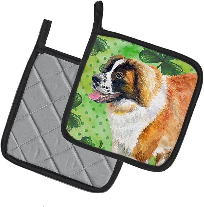 Caroline's Treasures BB9853PTHD Saint Bernard St Patrick's Pair of Pot Holders, Green Kitchen Heat Resistant Pot Holders Sets Oven Hot Pads for Cooking Baking BBQ, 7 1/2 x 7 1/2