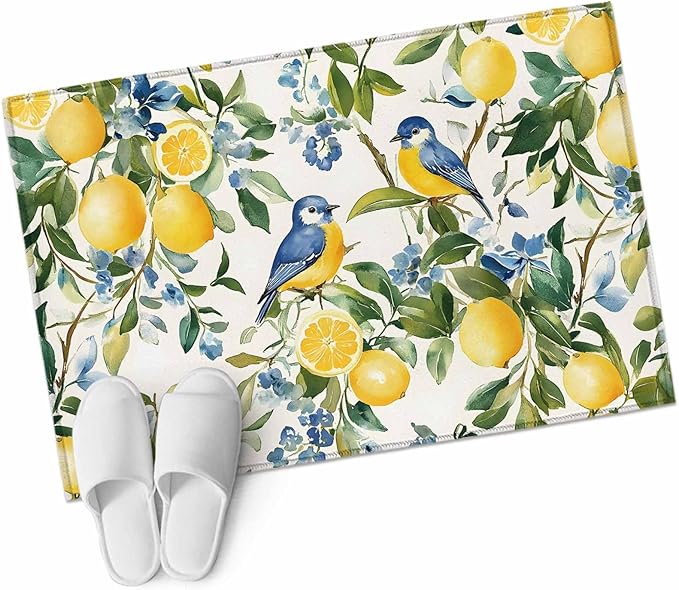 Area Rug 2x3ft, Pastoral Vintage Lemon Blue Bird Washable Rugs for Living Room Bedroom, Retro Yellow Fruit Flowers Soft Non-Slip Area Rugs Rectangle Floor Carpet for Dining Room