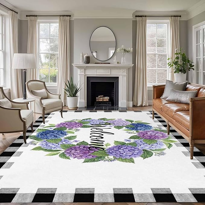 Area Rug 6x9ft, Summer Hydrangea Leaf Washable Rugs for Living Room Bedroom, Purple Blue Flower Buffalo Check Soft Non-Slip Area Rugs Rectangle Floor Carpet for Dining Room