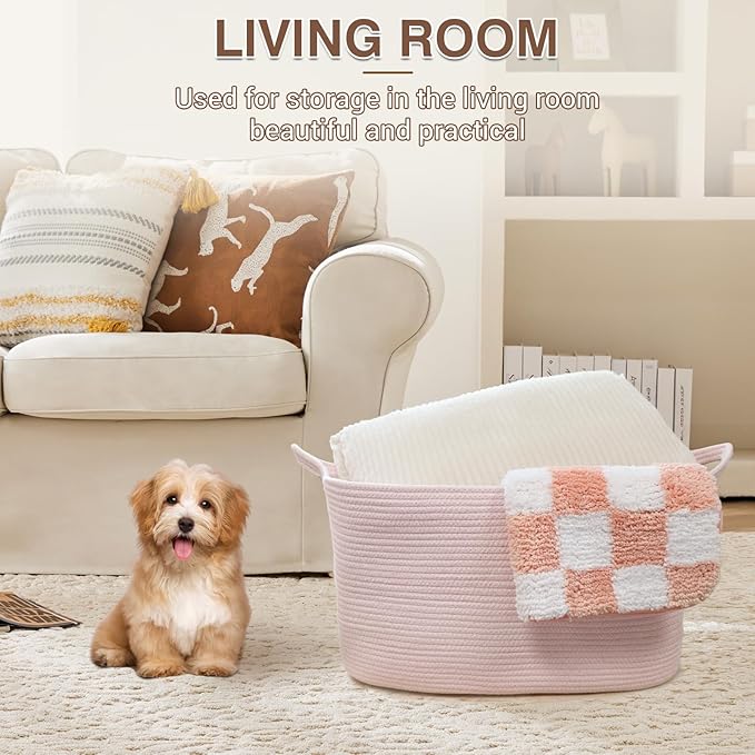 YOUDENOVA Nursery Storage Basket，21.6''×14.9''×11.8'' Rectangle Cotton Rope Blanket Basket, Nursery Laundry Hamper for Organizing，Large Toy Basket for Living Room, Bedroom Pink