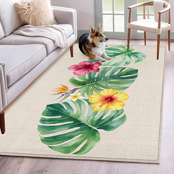 Area Rug 3x5ft, Country Monstera Hibiscus Foliage Washable Rugs for Living Room Bedroom, Tropical Plant Vintage Linen Soft Non-Slip Area Rugs Rectangle Floor Carpet for Dining Room