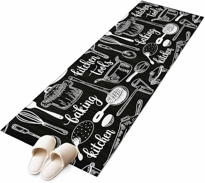 Black Kitchen Tools 2x6 Kitchen Runner Rug, Modern Cooking Utensil Non-Skid Rubber Backing Large Area Rugs - Living Room Bedroom Home Office, Farmhouse Cookware Indoor Floor Mat Carpets Washable Rug