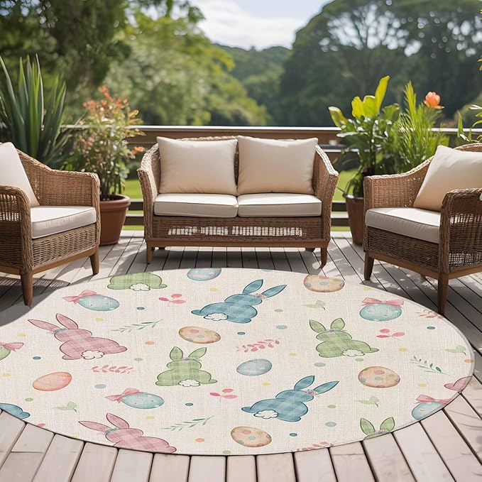 Washable Round Area Rug Happy Easter Cute Plaid Bunny Circle Rugs Floor Carpet for Living Room Bedroom, Colorful Egg Leaves Farm Linen Soft Non Slip Round Rug 5ft
