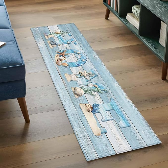 Runner Rug for Bedroom Hallway, Summer Ocean Beach Shell Home Quote Kitchen Runner Rugs Area Rug 2x6ft, Farm Blue Wood Board Washable Soft Floor Carpet for Entryway Stair