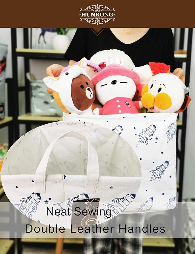 HUNRUNG Square Storage Bins Nursery Hamper Canvas Laundry Basket Foldable with Waterproof Nursery Boxes for Shelves/Gift Baskets/Toy Organizer/Office, Bedroom (Square-Space airship)