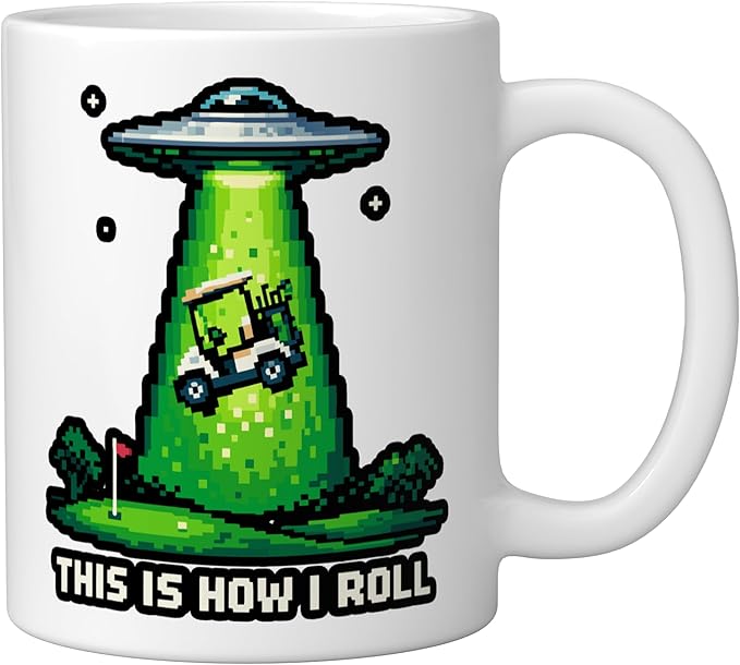 This Is How I Roll Golf UFO Abduction Funny Pixel Art Ceramic Mug, White