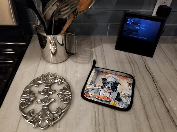 Caroline's Treasures Border Collie The Chef Pair of Pot Holders Kitchen Heat Resistant Pot Holders Sets Oven Hot Pads for Cooking Baking BBQ, 7 1/2 x 7 1/2