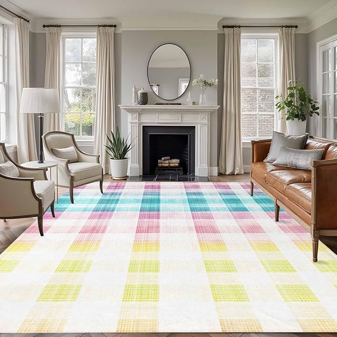 Area Rug 6x9ft, Easter Red Yellow Blue Stripes Washable Rugs for Living Room Bedroom, Abstract Buffalo Plaid Soft Non-Slip Area Rugs Rectangle Floor Carpet for Dining Room